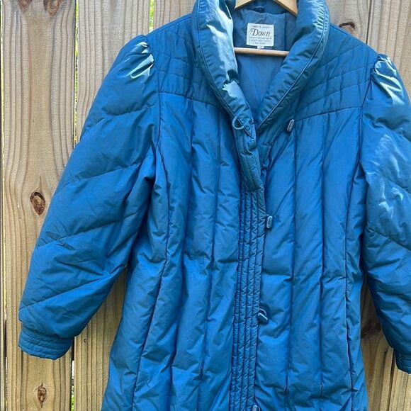 Down Blue Quilted Women's Long Coat Vintage Winter Blue Puffer 80s Rare size 16 - Picture 6 of 16
